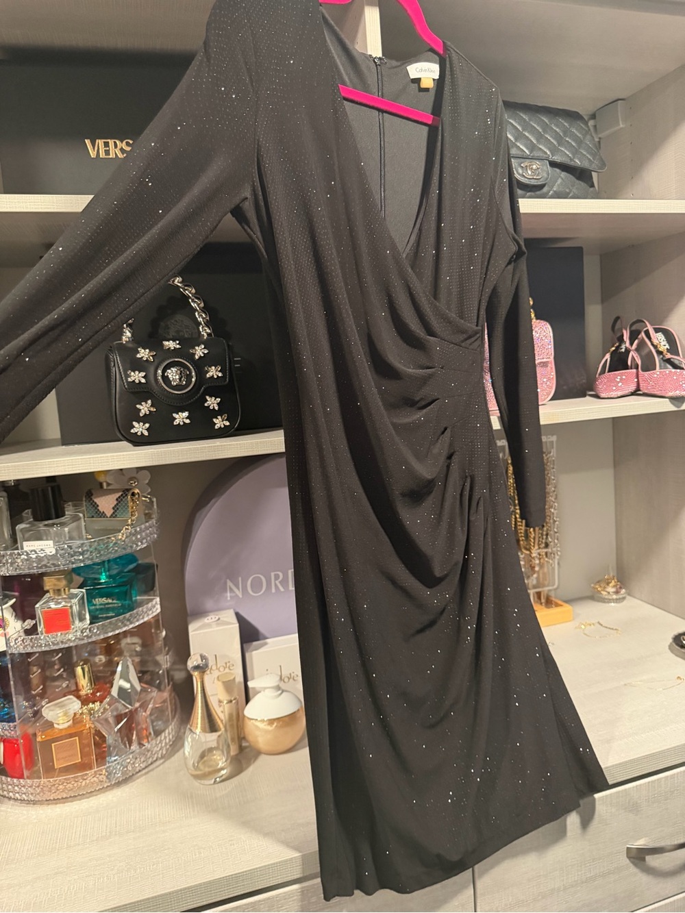 Calvin Klein Black Sparkle Ruched V-Neck Long Sleeve Dress - Picture 4 of 4